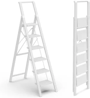 GameGem 6 Step Ladder for 12 Feet High Ceiling, Lightweight Aluminum Folding Step Stool with Convenient Handgrip, Stepladders with Anti-Slip and Wide Pedal for Home Use Space Saving - White