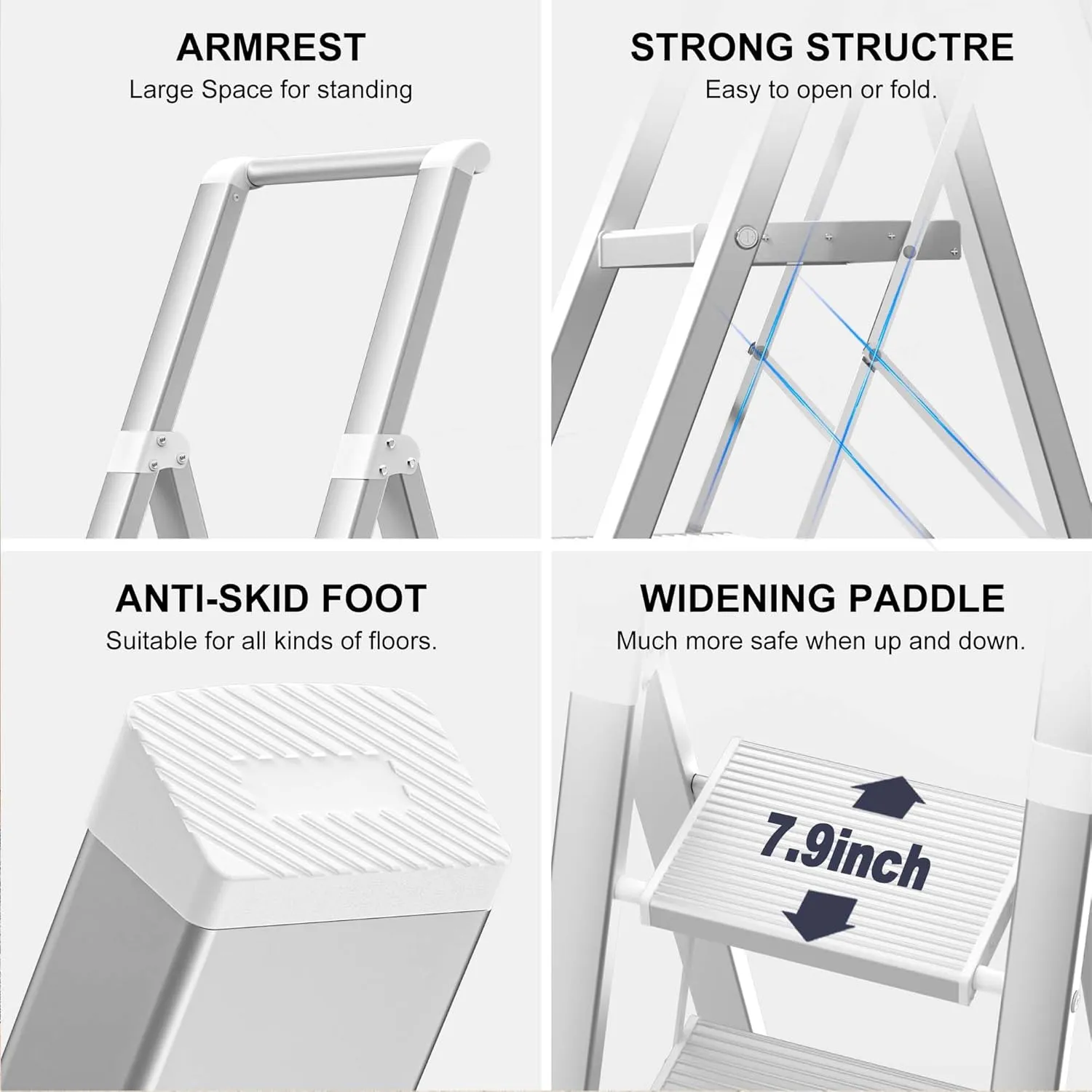 GameGem 6 Step Ladder for 12 Feet High Ceiling, Lightweight Aluminum Folding Step Stool with Convenient Handgrip, Stepladders with Anti-Slip and Wide Pedal for Home Use Space Saving - White