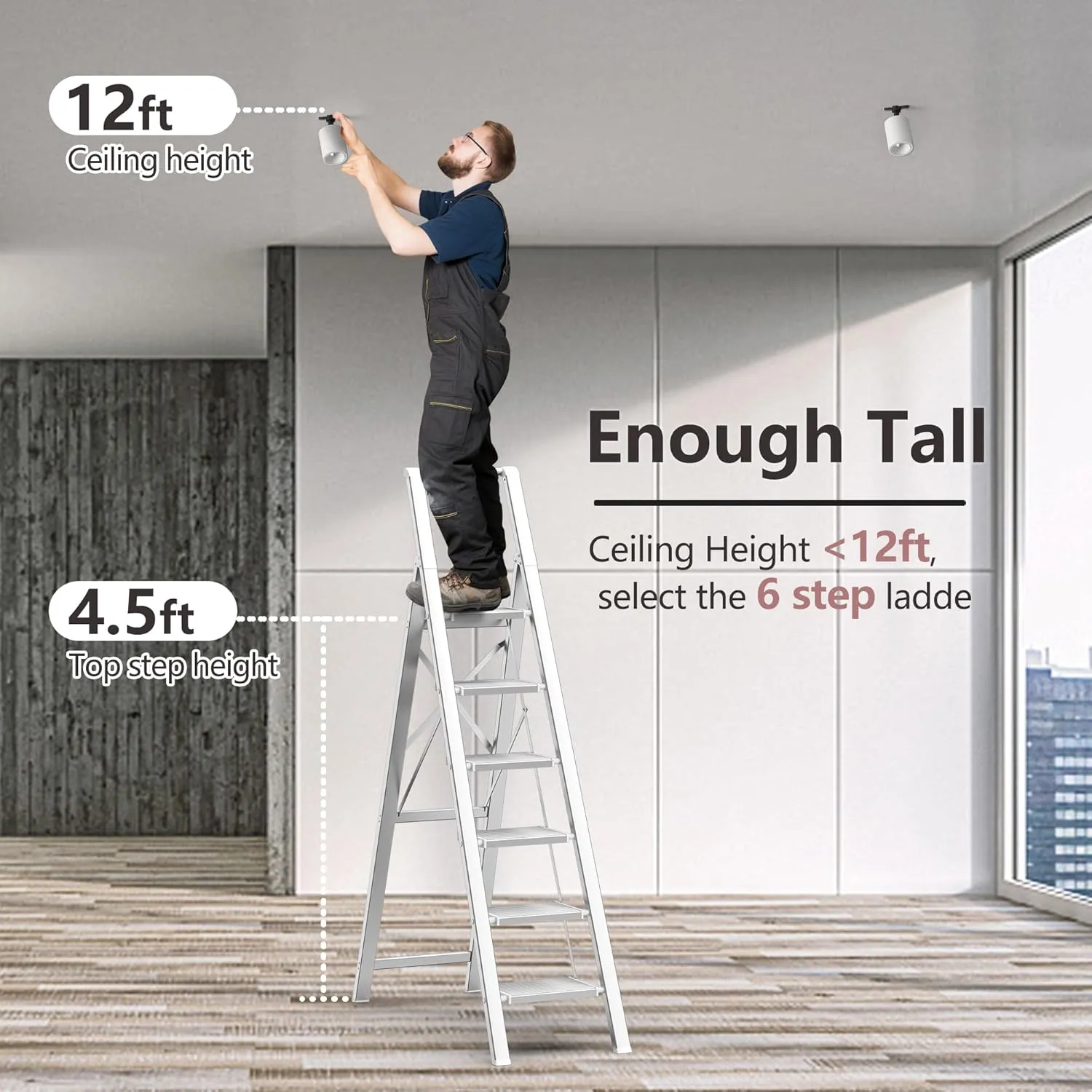 GameGem 6 Step Ladder for 12 Feet High Ceiling, Lightweight Aluminum Folding Step Stool with Convenient Handgrip, Stepladders with Anti-Slip and Wide Pedal for Home Use Space Saving - White