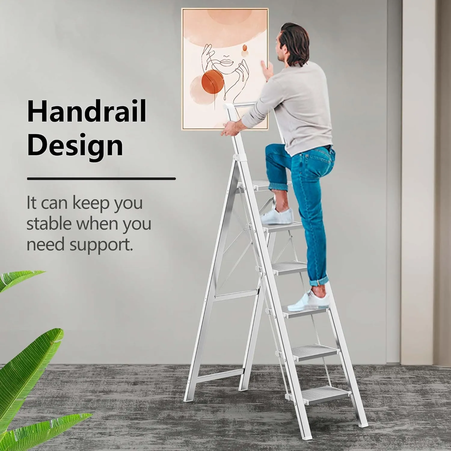 GameGem 6 Step Ladder for 12 Feet High Ceiling, Lightweight Aluminum Folding Step Stool with Convenient Handgrip, Stepladders with Anti-Slip and Wide Pedal for Home Use Space Saving - White