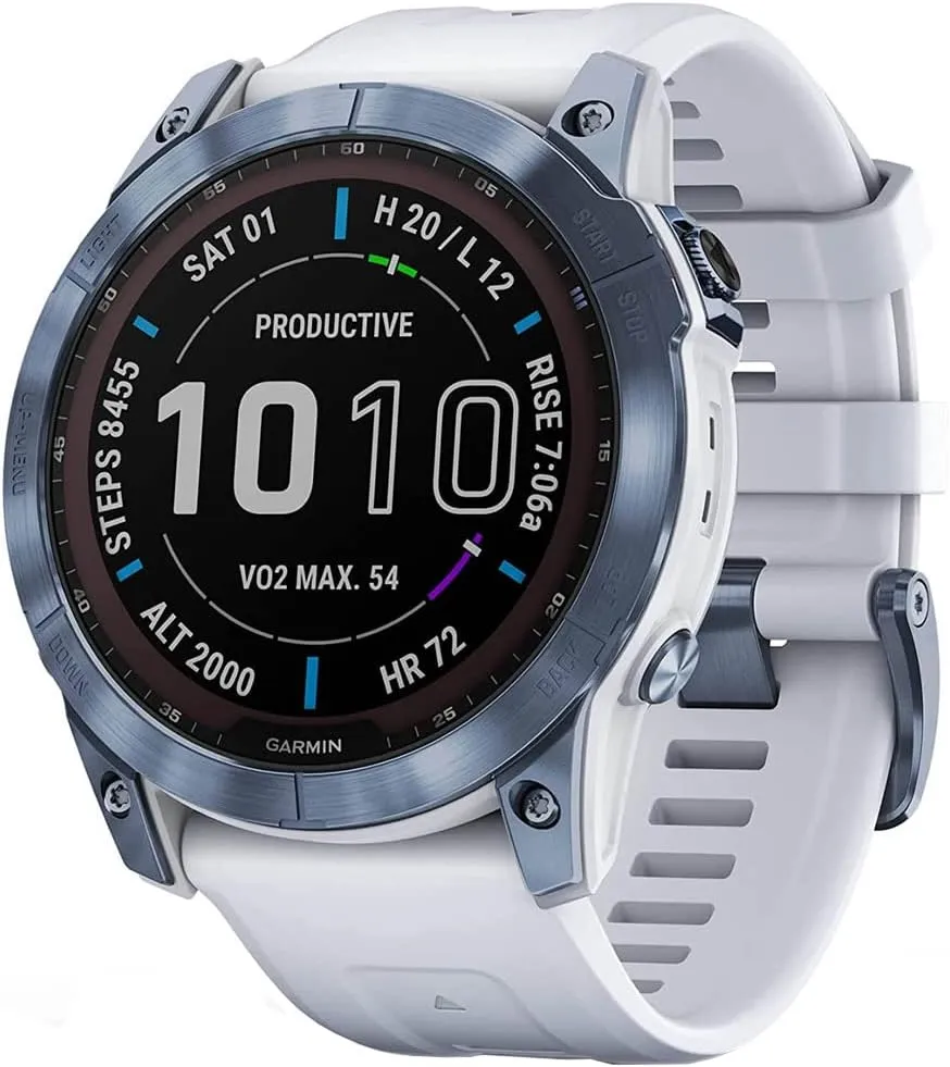 Garmin 010-02541-14 Fenix 7X Sapphire Solar Smartwatch Mineral Blue Titanium with Whitestone Band Bundle with 2 YR CPS Enhanced Protection Pack (Renewed)