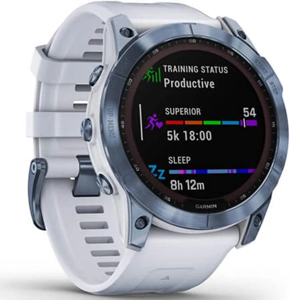 Garmin 010-02541-14 Fenix 7X Sapphire Solar Smartwatch Mineral Blue Titanium with Whitestone Band Bundle with 2 YR CPS Enhanced Protection Pack (Renewed)