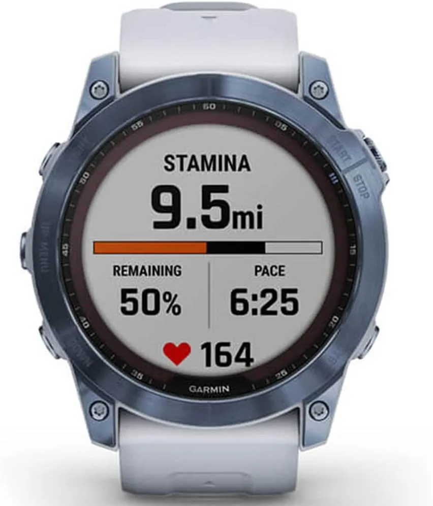 Garmin 010-02541-14 Fenix 7X Sapphire Solar Smartwatch Mineral Blue Titanium with Whitestone Band Bundle with 2 YR CPS Enhanced Protection Pack (Renewed)