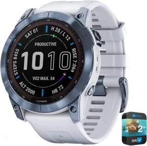 Garmin 010-02541-14 Fenix 7X Sapphire Solar Smartwatch Mineral Blue Titanium with Whitestone Band Bundle with 2 YR CPS Enhanced Protection Pack (Renewed)
