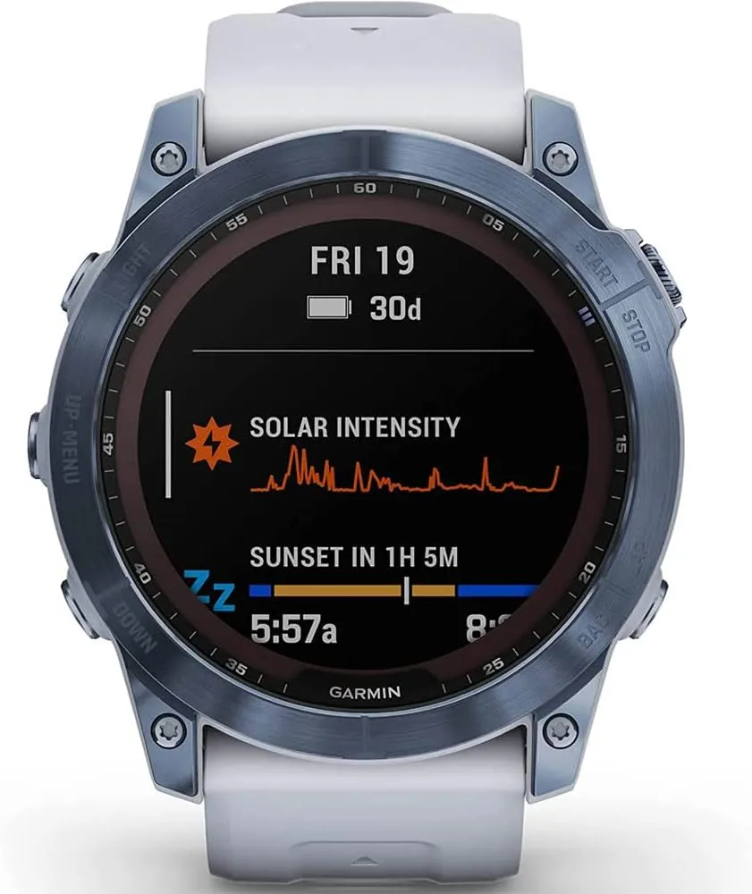Garmin 010-02541-14 Fenix 7X Sapphire Solar Smartwatch Mineral Blue Titanium with Whitestone Band Bundle with 2 YR CPS Enhanced Protection Pack (Renewed)