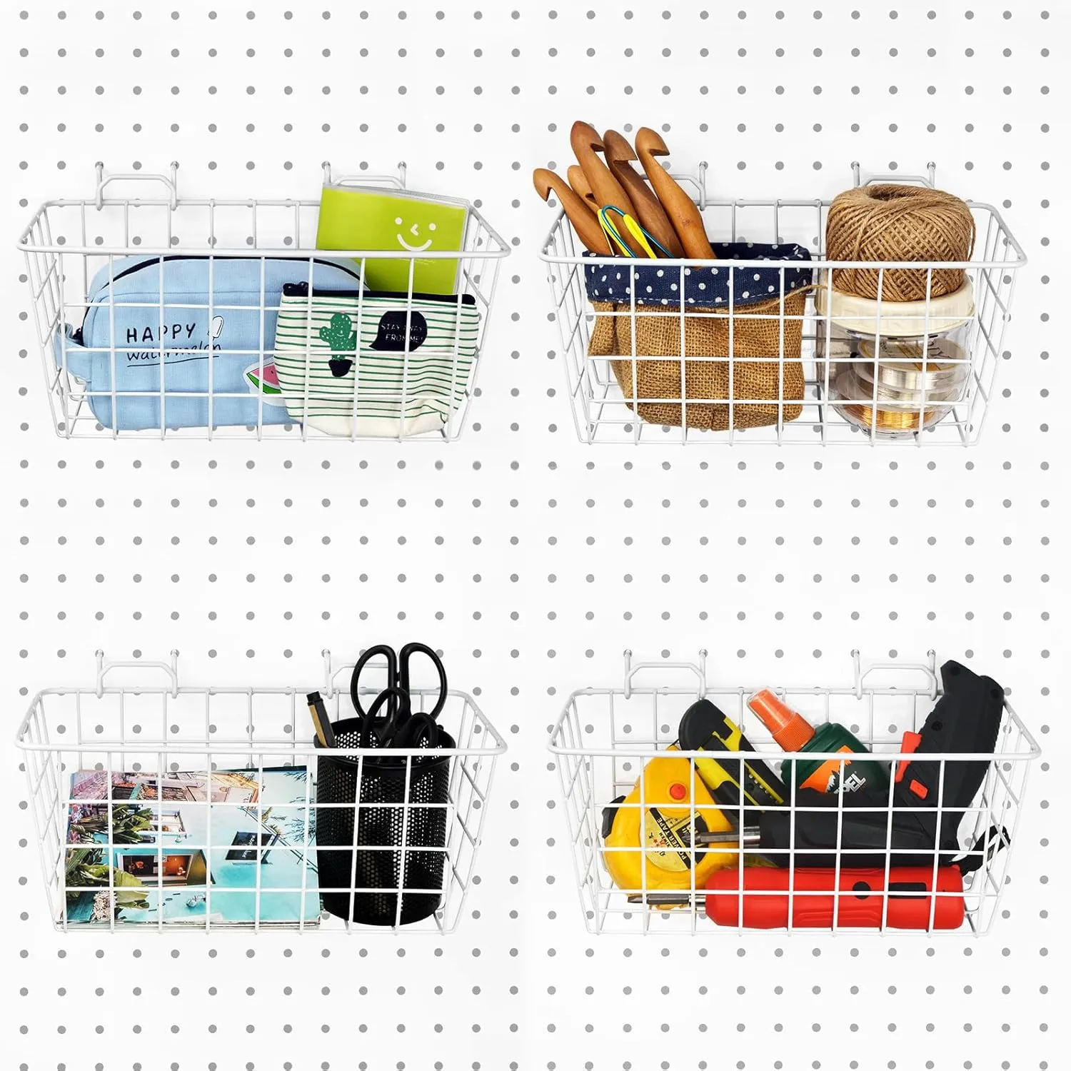 G.CORE 4 Pack Pegboard Baskets, Metal Shelves Hooks to 1/8" 1/4" Peg Boards, Peg Board Baskets Bins Set - Organize Tools Workbench Accessories Garage Storage Wall Mount Organizer Attachments