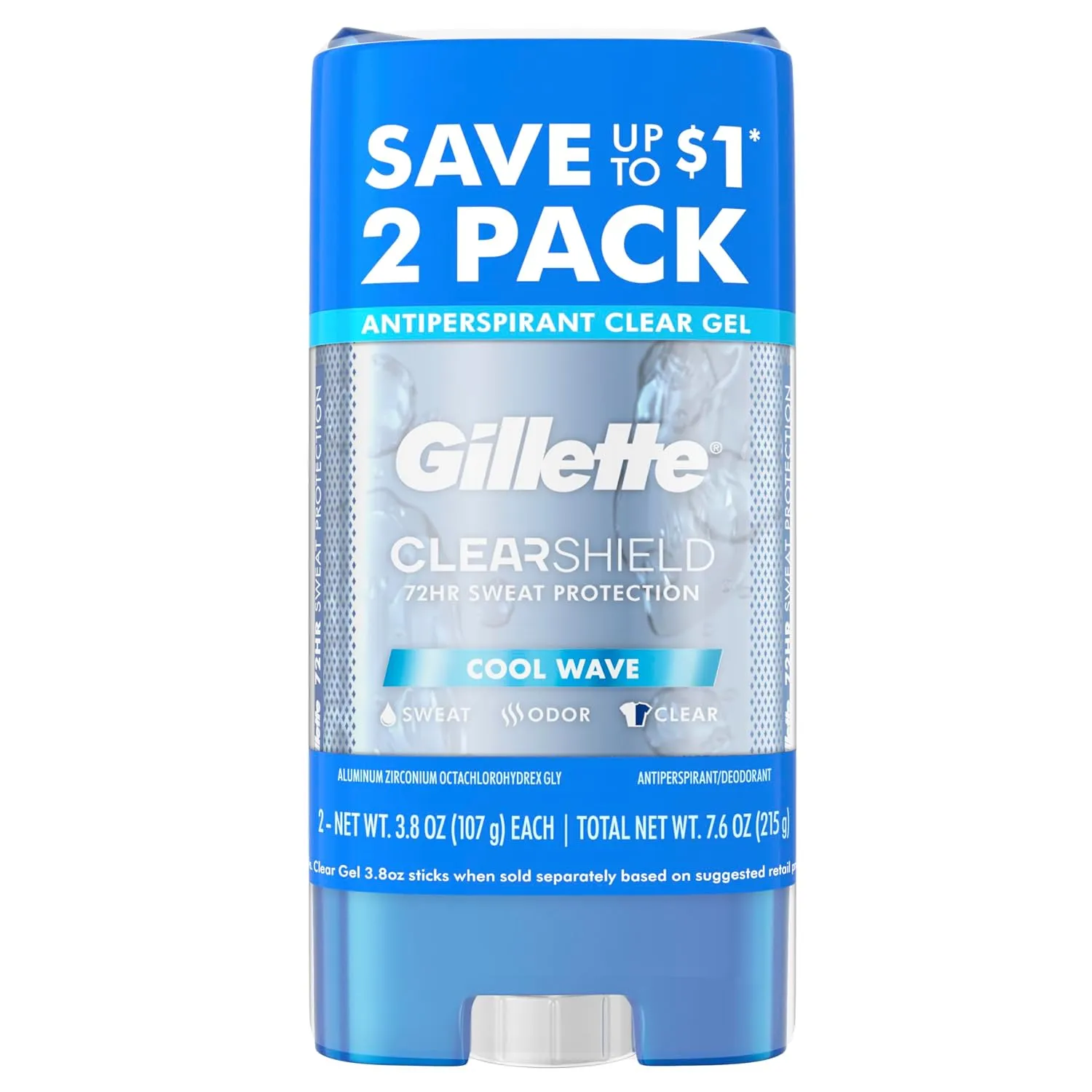 Gillette Antiperspirant and Deodorant for Men, 72hr Sweat & Odor Protection, Long Lasting Freshness, Anti-White Mark Technology, Clear Gel, Cool Wave Scent, 3.8 oz (Pack of 2)