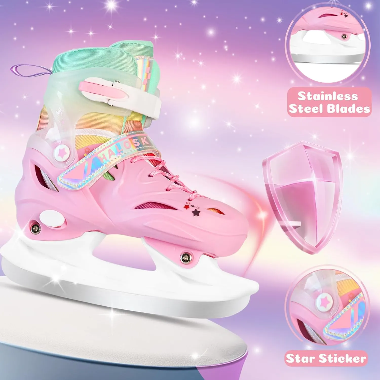 Girls Ice Skates for Kids Boys, Adjustable Kids Skates for Outdoor Indoor Rink, Rainbow Soft and Comfortable Lining Ice Skating Shoes Ages 3-12 Youth