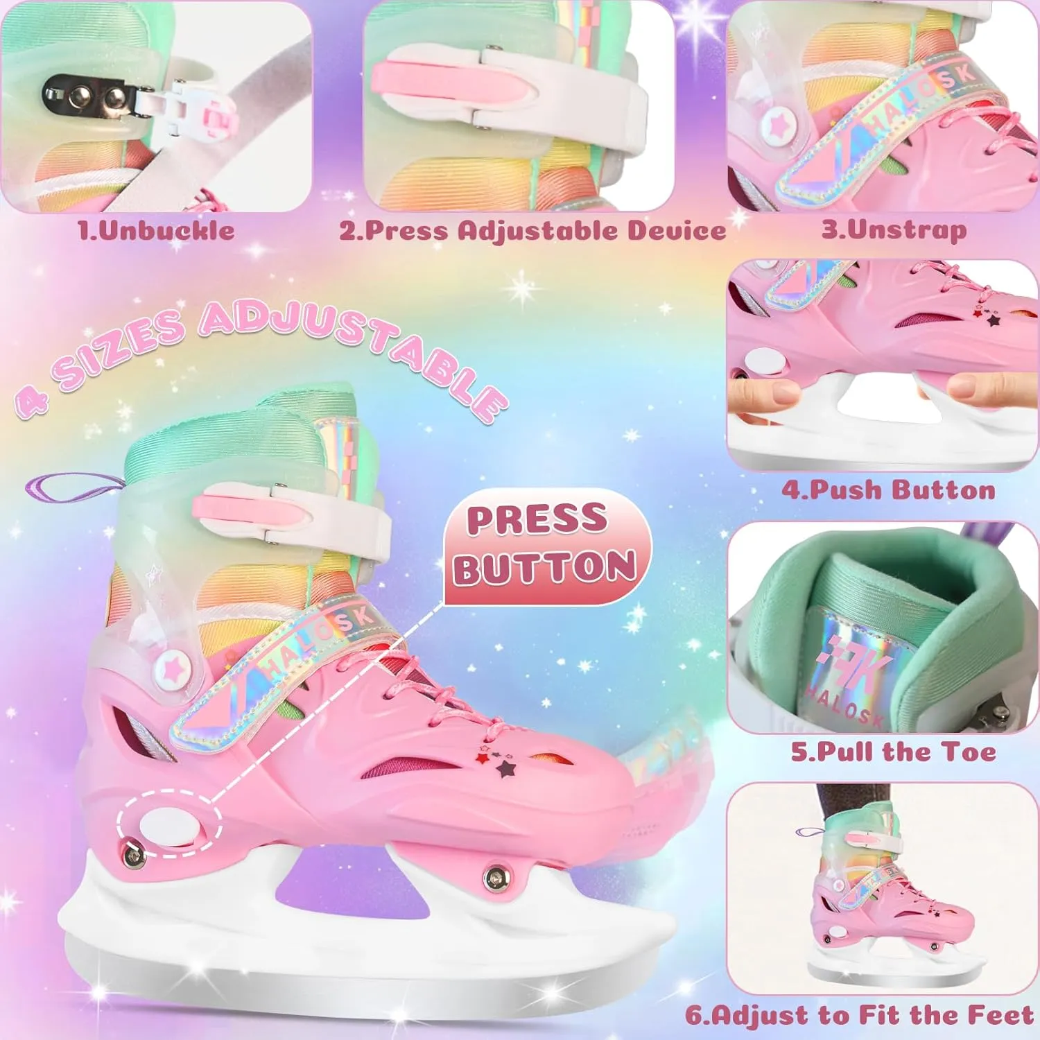 Girls Ice Skates for Kids Boys, Adjustable Kids Skates for Outdoor Indoor Rink, Rainbow Soft and Comfortable Lining Ice Skating Shoes Ages 3-12 Youth