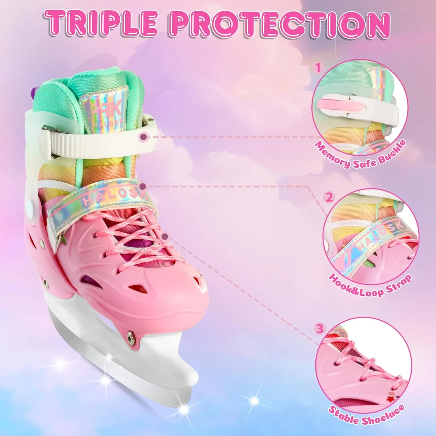 Girls Ice Skates for Kids Boys, Adjustable Kids Skates for Outdoor Indoor Rink, Rainbow Soft and Comfortable Lining Ice Skating Shoes Ages 3-12 Youth