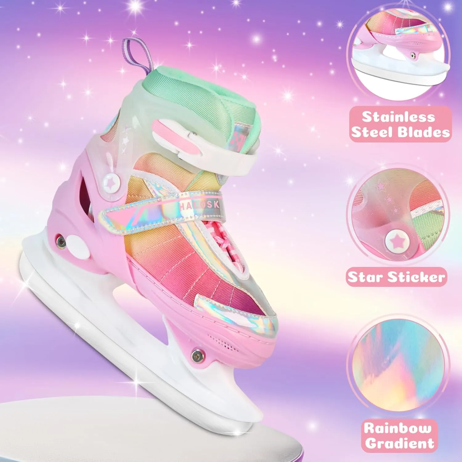 Girls Ice Skates for Kids Boys, Adjustable Kids Skates for Outdoor Indoor Rink, Rainbow Soft and Comfortable Lining Ice Skating Shoes Ages 3-12 Youth