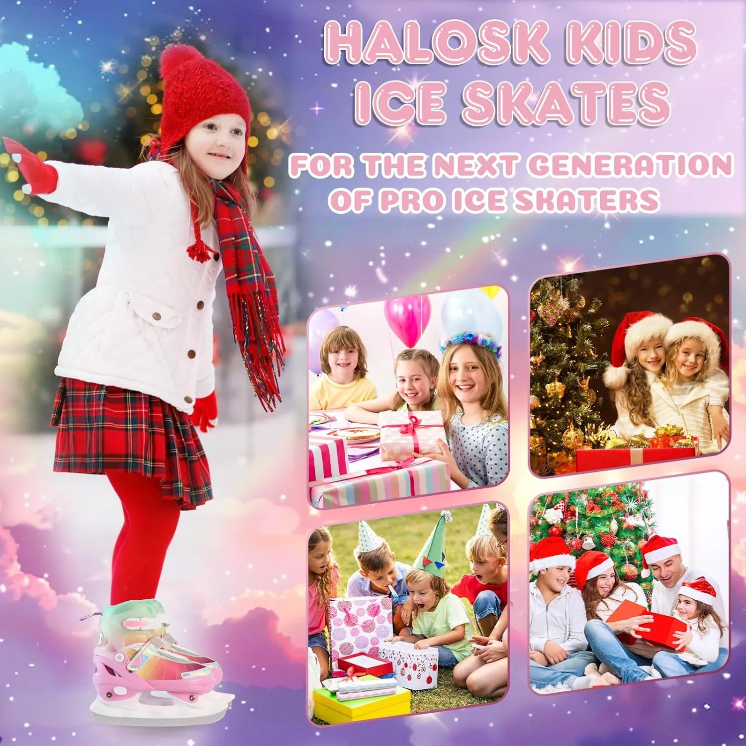Girls Ice Skates for Kids Boys, Adjustable Kids Skates for Outdoor Indoor Rink, Rainbow Soft and Comfortable Lining Ice Skating Shoes Ages 3-12 Youth