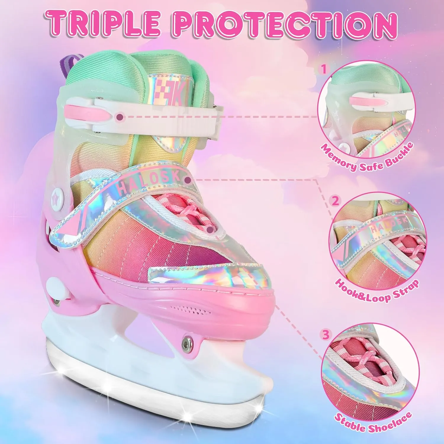 Girls Ice Skates for Kids Boys, Adjustable Kids Skates for Outdoor Indoor Rink, Rainbow Soft and Comfortable Lining Ice Skating Shoes Ages 3-12 Youth