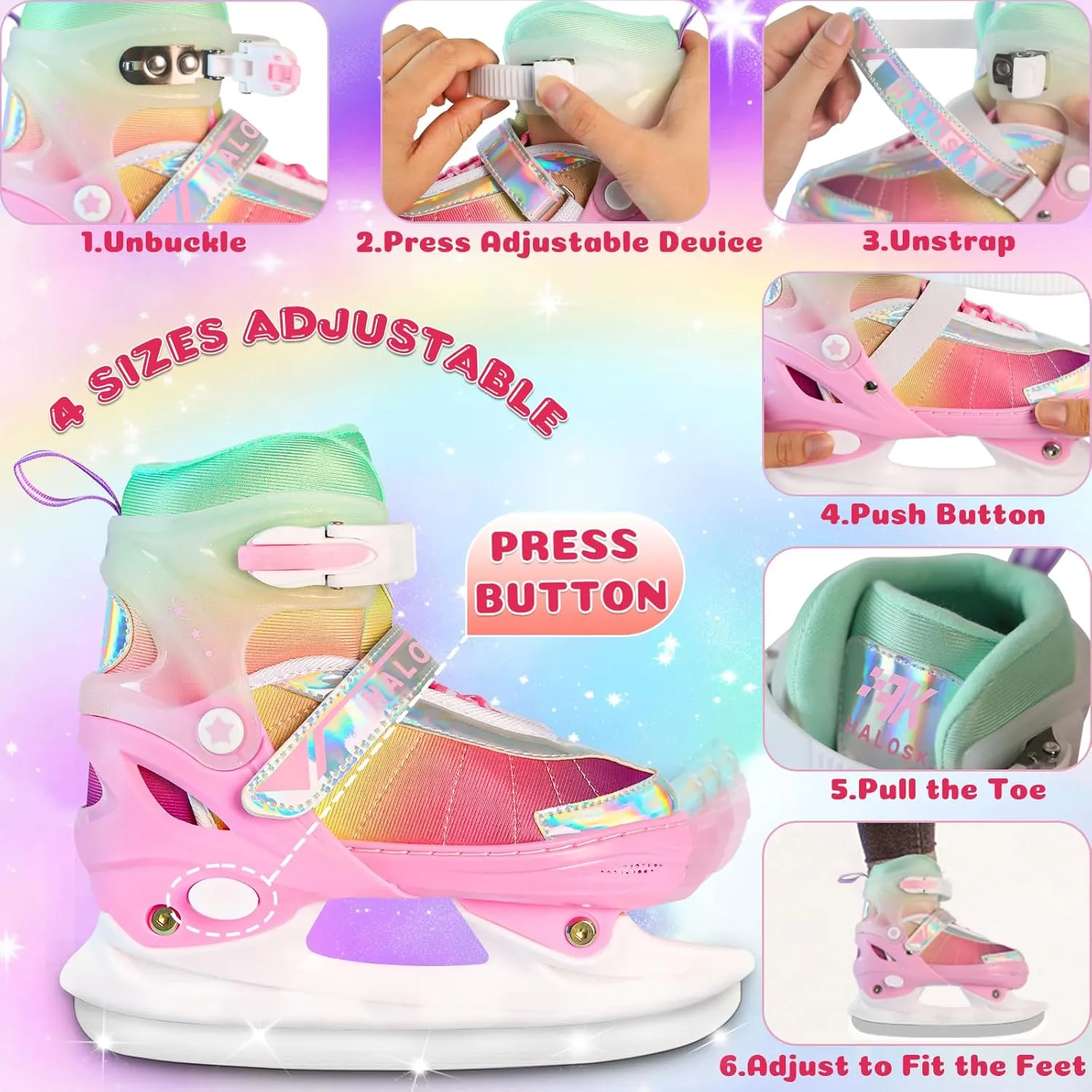 Girls Ice Skates for Kids Boys, Adjustable Kids Skates for Outdoor Indoor Rink, Rainbow Soft and Comfortable Lining Ice Skating Shoes Ages 3-12 Youth