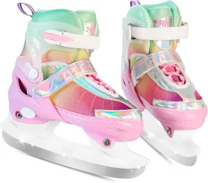 Girls Ice Skates for Kids Boys, Adjustable Kids Skates for Outdoor Indoor Rink, Rainbow Soft and Comfortable Lining Ice Skating Shoes Ages 3-12 Youth
