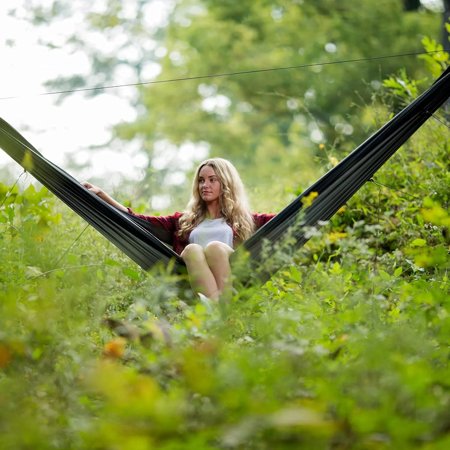Go Camping Hammock 2.0 w/ Built-In Mosquito Net - Slate Gray by Go Outfitters: 11' Long X 64" Wide |Includes 2 Premium Aluminum Carabiners, Rapid Deployment Bag, 4 Stakes & 4 Shock Cords