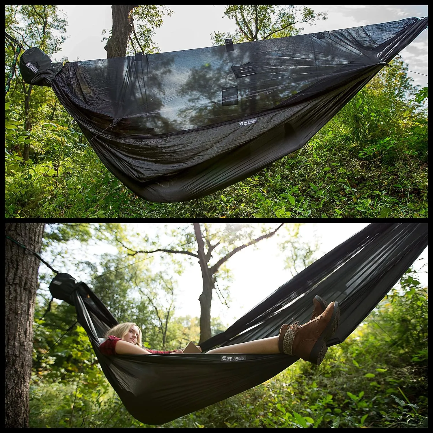Go Camping Hammock 2.0 w/ Built-In Mosquito Net - Slate Gray by Go Outfitters: 11' Long X 64" Wide |Includes 2 Premium Aluminum Carabiners, Rapid Deployment Bag, 4 Stakes & 4 Shock Cords