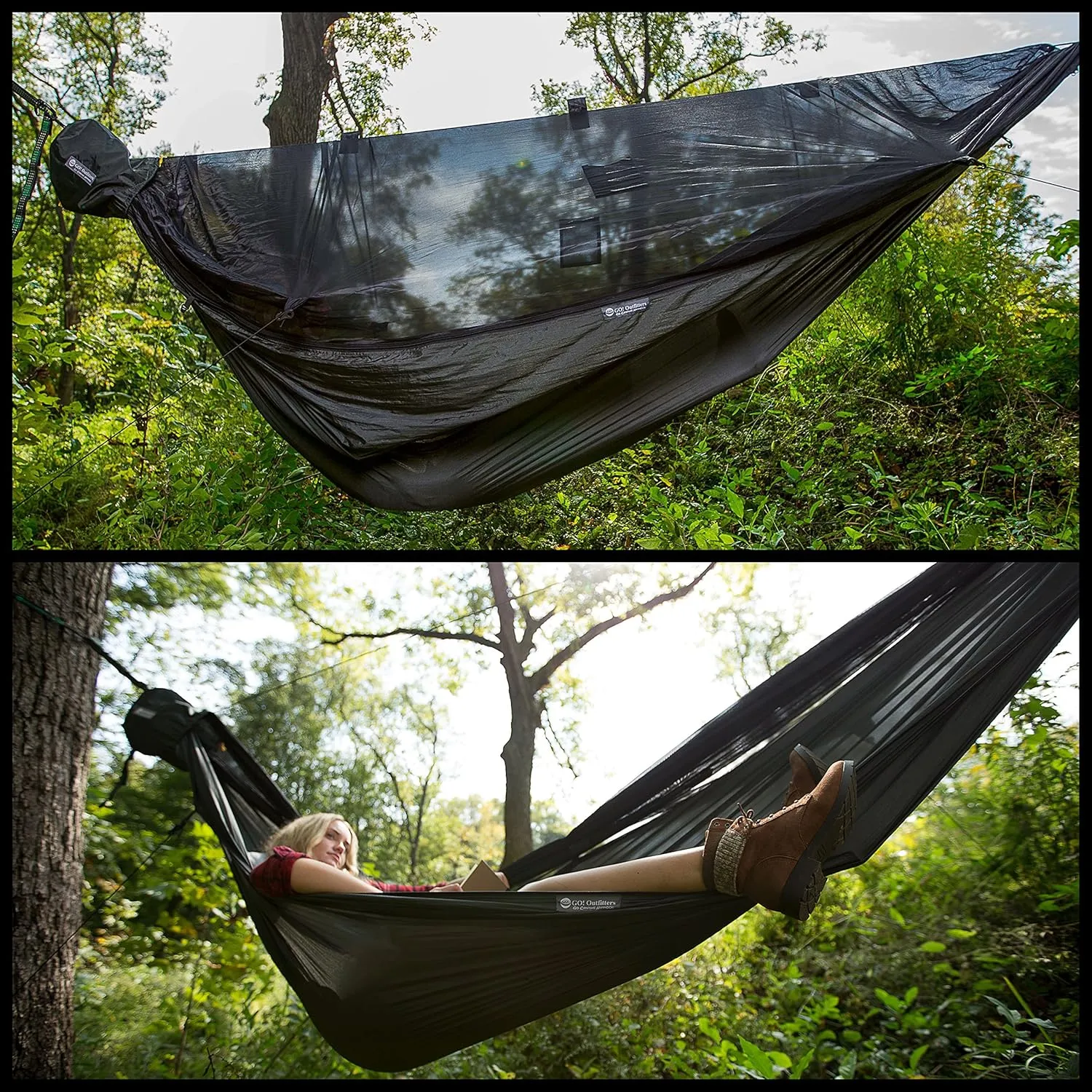 Go Camping Hammock 2.0 w/ Built-In Mosquito Net - Slate Gray by Go Outfitters: 11' Long X 64" Wide |Includes 2 Premium Aluminum Carabiners, Rapid Deployment Bag, 4 Stakes & 4 Shock Cords