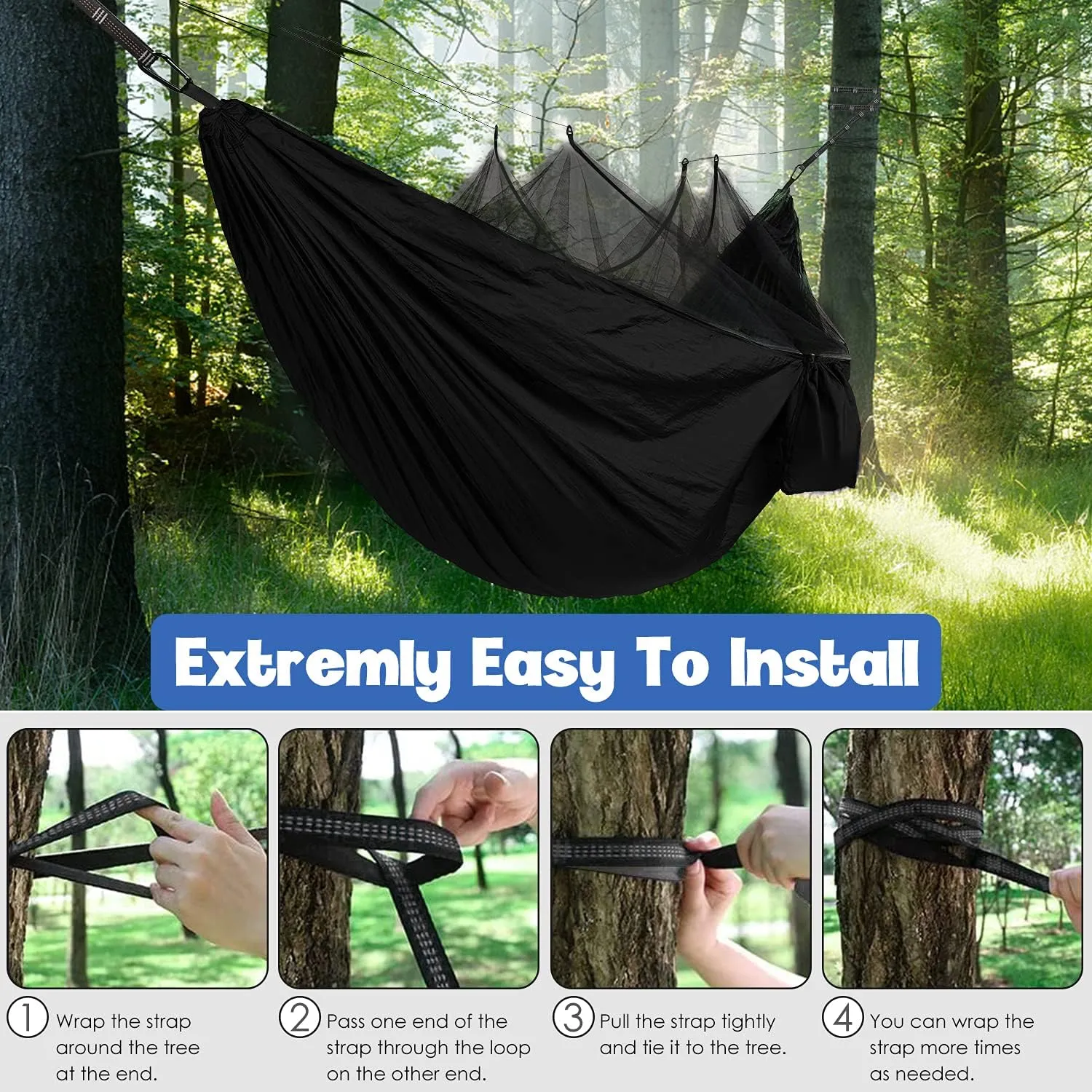 Gold Armour Camping Hammock - Camping Essentials, Double Hammock with Bug Net, Camping Gear Hammock for Outside, Hiking, and Travel (Black)