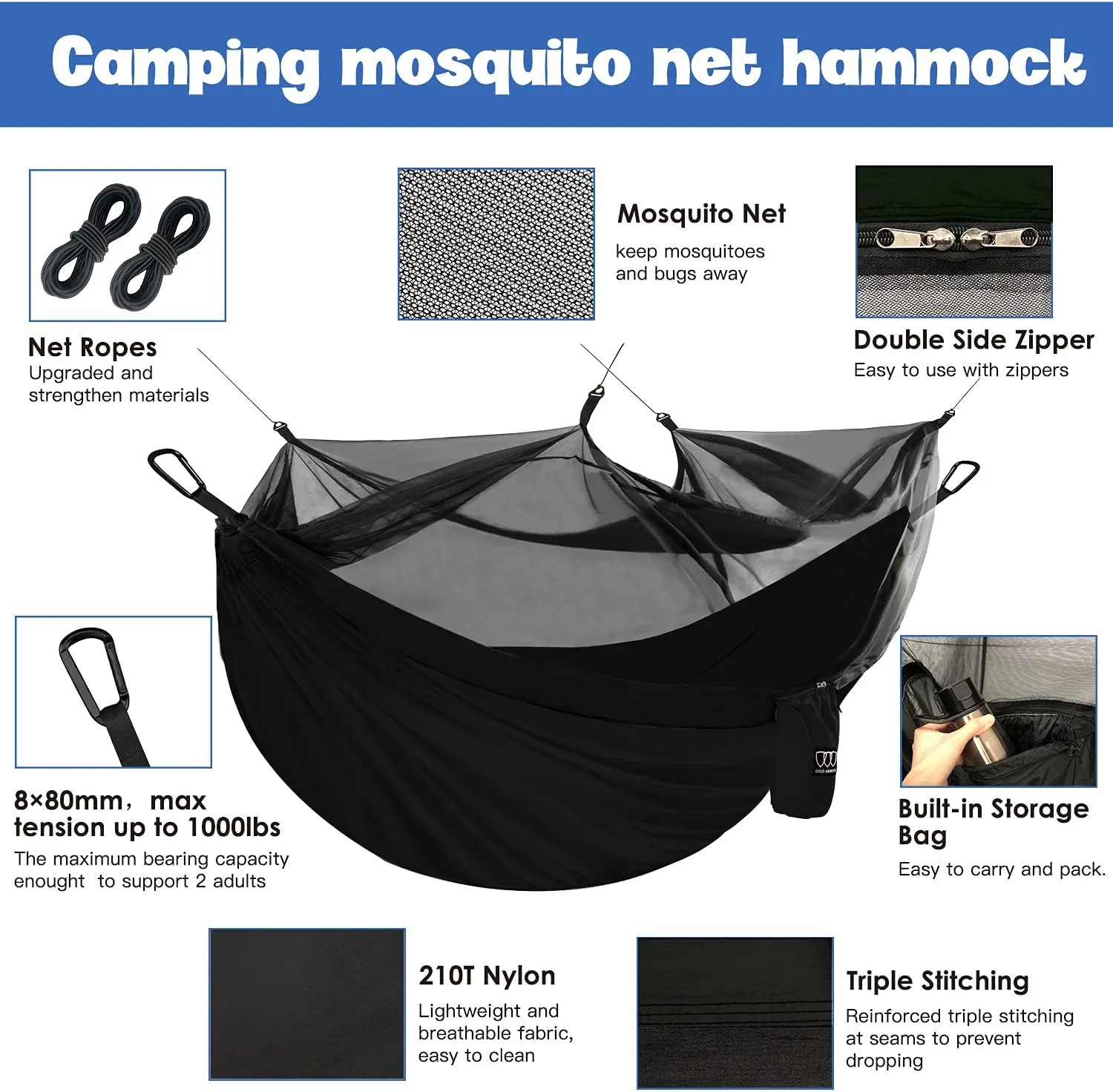 Gold Armour Camping Hammock - Camping Essentials, Double Hammock with Bug Net, Camping Gear Hammock for Outside, Hiking, and Travel (Black)
