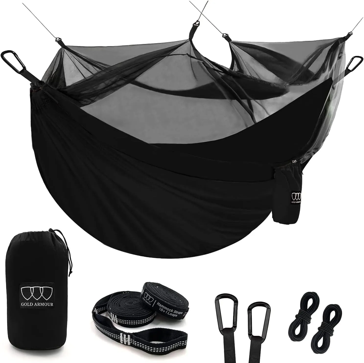 Gold Armour Camping Hammock - Camping Essentials, Double Hammock with Bug Net, Camping Gear Hammock for Outside, Hiking, and Travel (Black)