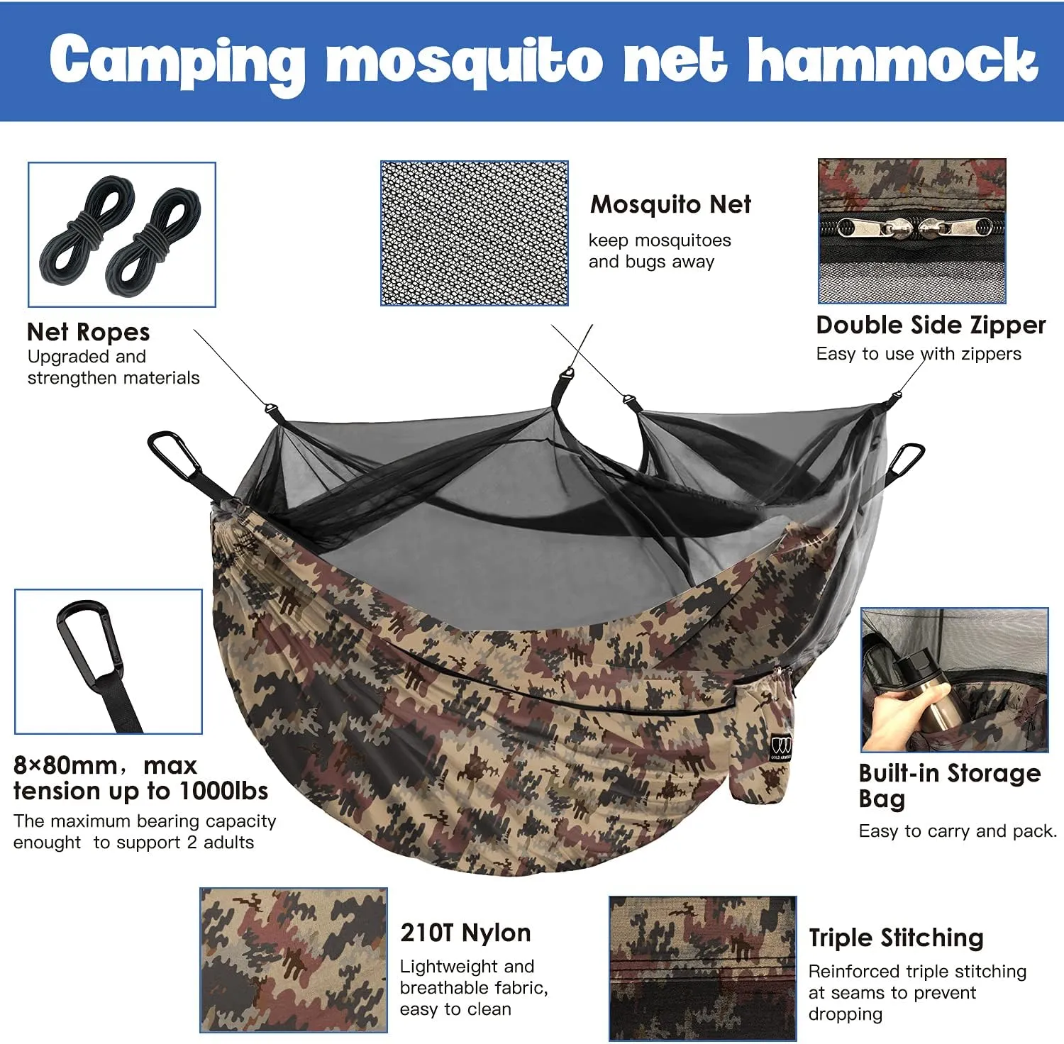 Gold Armour Camping Hammock - Camping Essentials, Double Hammock with Bug Net, Camping Gear Hammock for Outside, Hiking, and Travel (Camouflage)