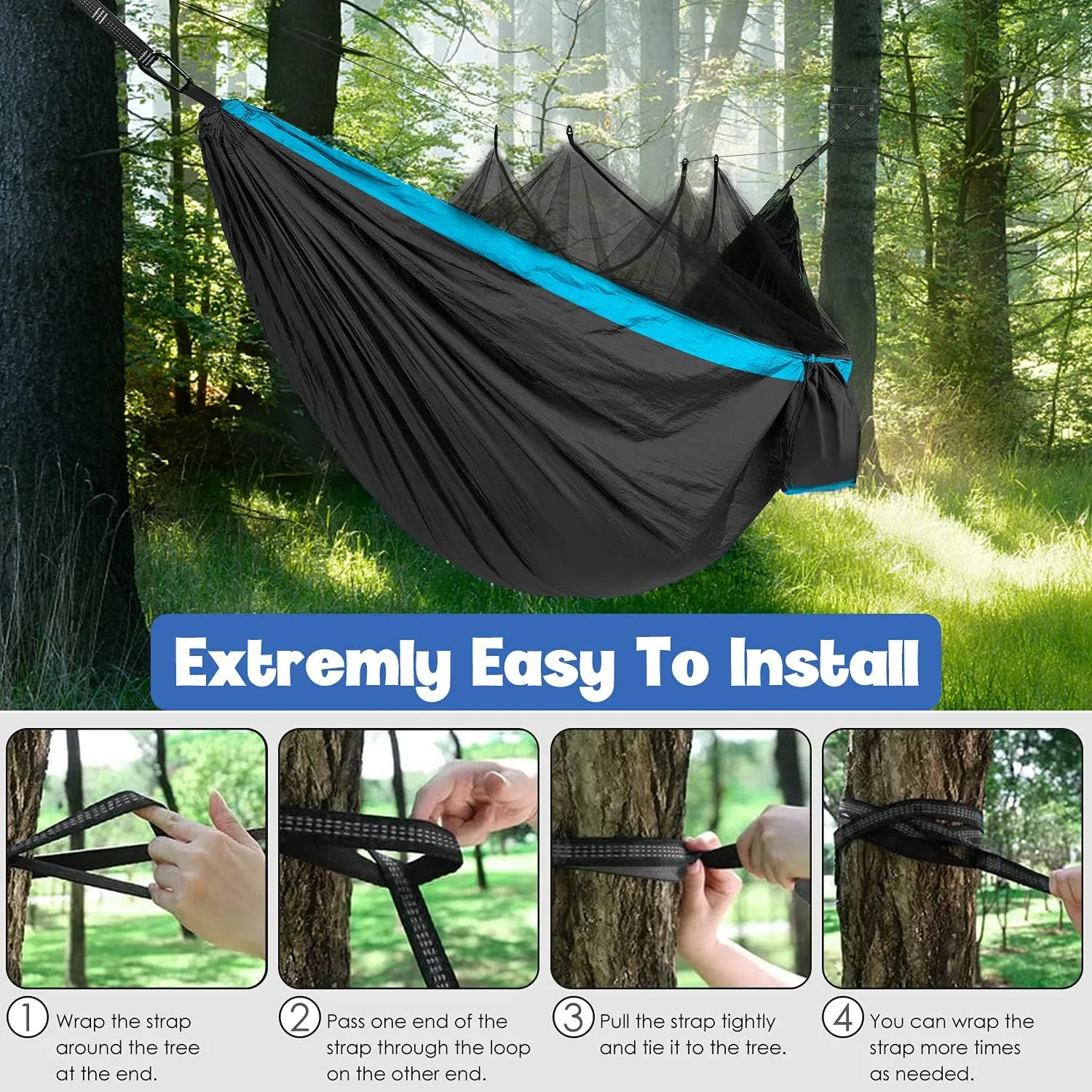 Gold Armour Camping Hammock - Camping Essentials, Double Hammock with Bug Net, Camping Gear Hammock for Outside, Hiking, and Travel (Gray & Sky Blue)