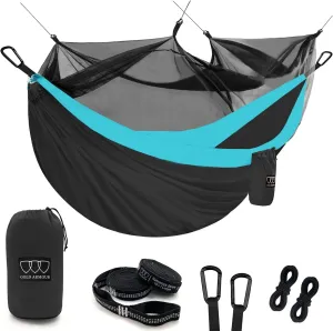 Gold Armour Camping Hammock - Camping Essentials, Double Hammock with Bug Net, Camping Gear Hammock for Outside, Hiking, and Travel (Gray & Sky Blue)