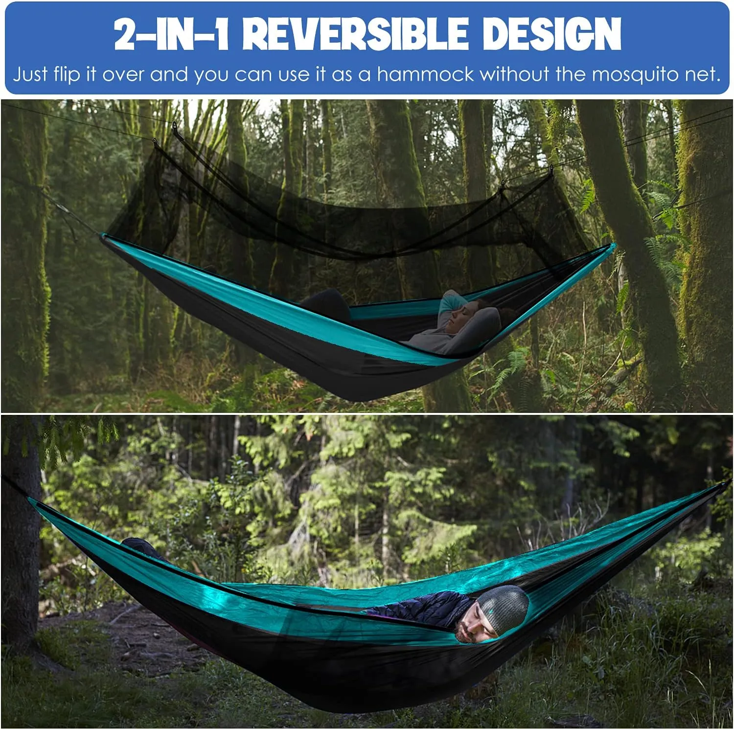 Gold Armour Camping Hammock - Camping Essentials, Double Hammock with Bug Net, Camping Gear Hammock for Outside, Hiking, and Travel (Gray & Sky Blue)