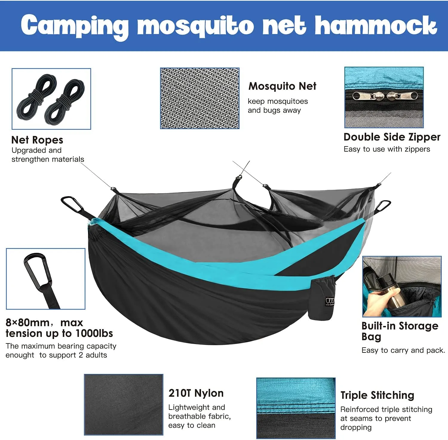 Gold Armour Camping Hammock - Camping Essentials, Double Hammock with Bug Net, Camping Gear Hammock for Outside, Hiking, and Travel (Gray & Sky Blue)