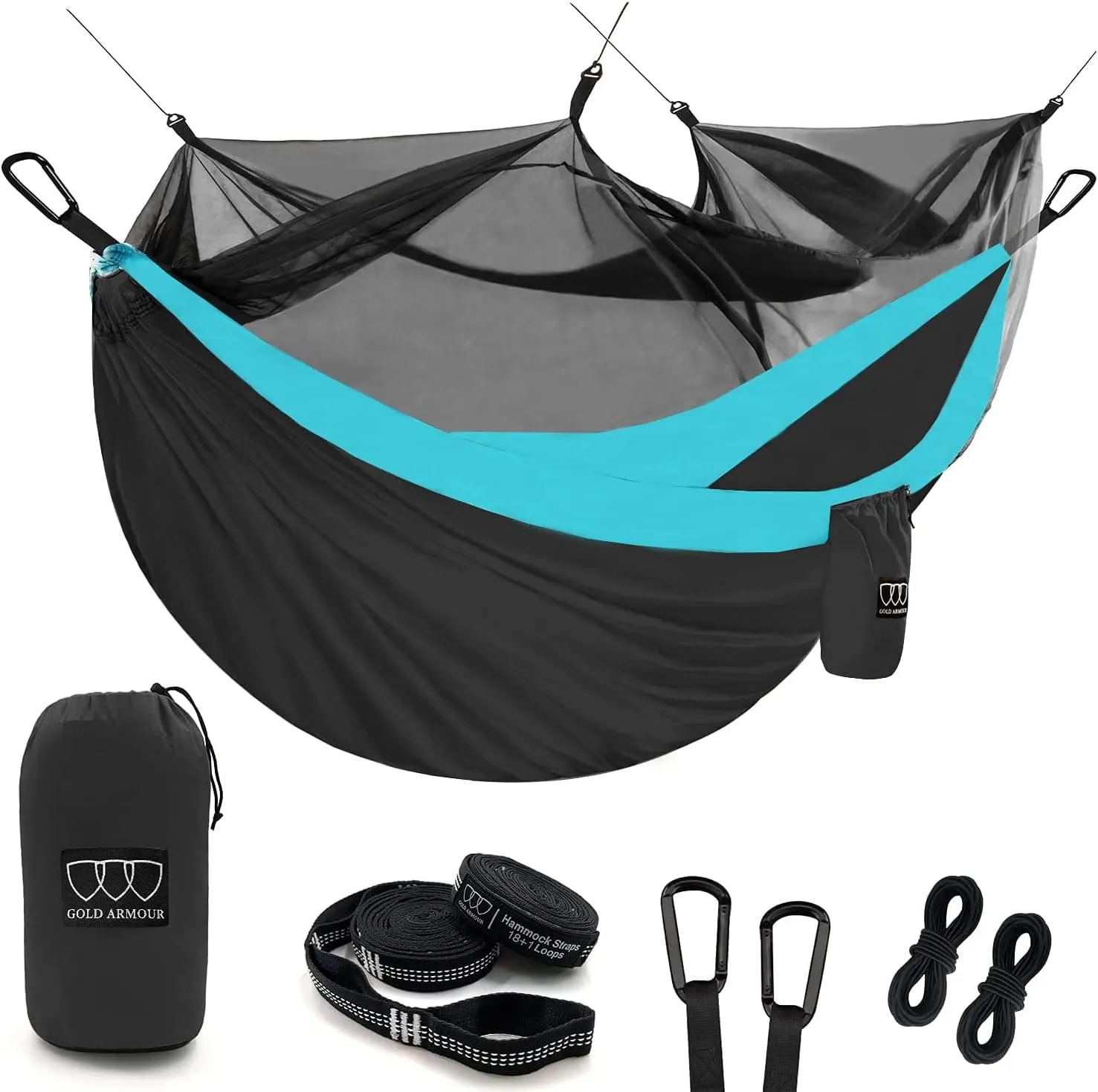 Gold Armour Camping Hammock - Camping Essentials, Double Hammock with Bug Net, Camping Gear Hammock for Outside, Hiking, and Travel (Gray & Sky Blue)