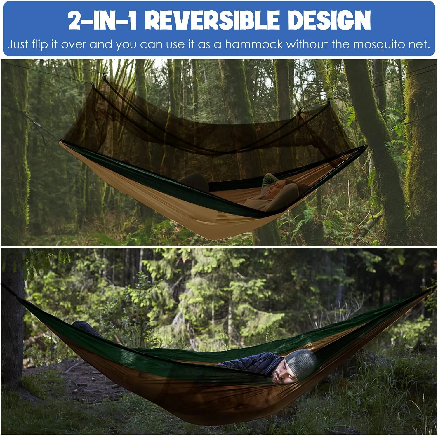 Gold Armour Camping Hammock - Camping Essentials, Double Hammock with Bug Net, Camping Gear Hammock for Outside, Hiking, and Travel (Khaki & Green)