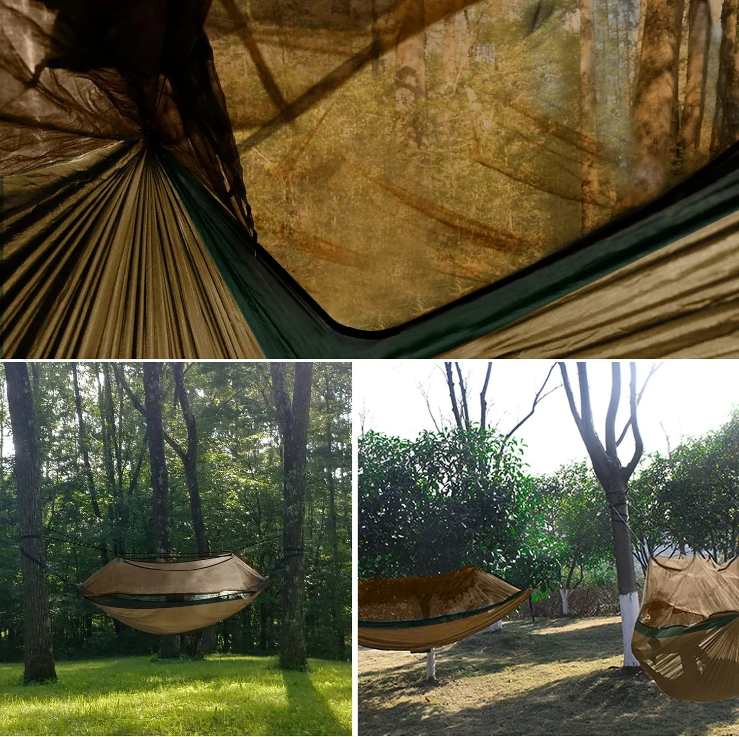 Gold Armour Camping Hammock - Camping Essentials, Double Hammock with Bug Net, Camping Gear Hammock for Outside, Hiking, and Travel (Khaki & Green)