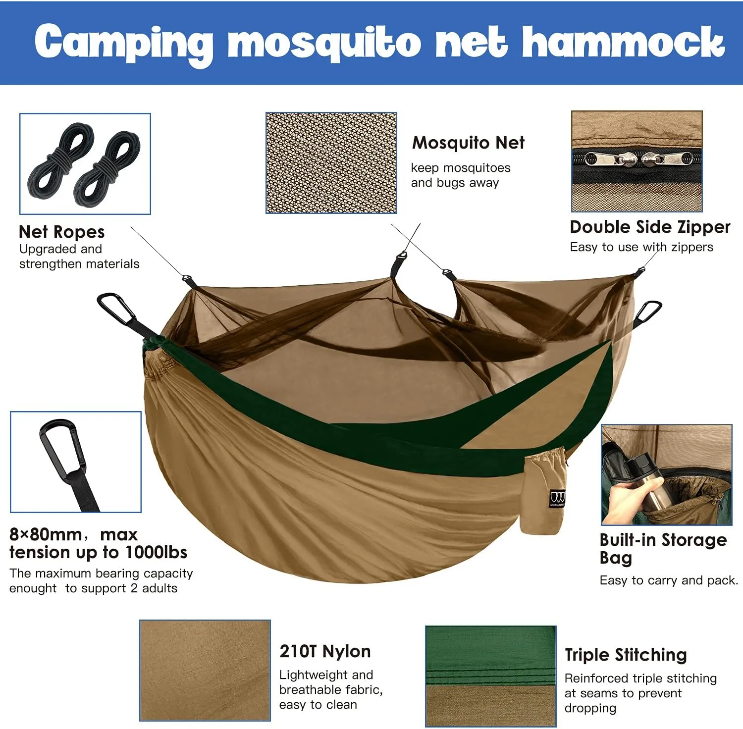 Gold Armour Camping Hammock - Camping Essentials, Double Hammock with Bug Net, Camping Gear Hammock for Outside, Hiking, and Travel (Khaki & Green)