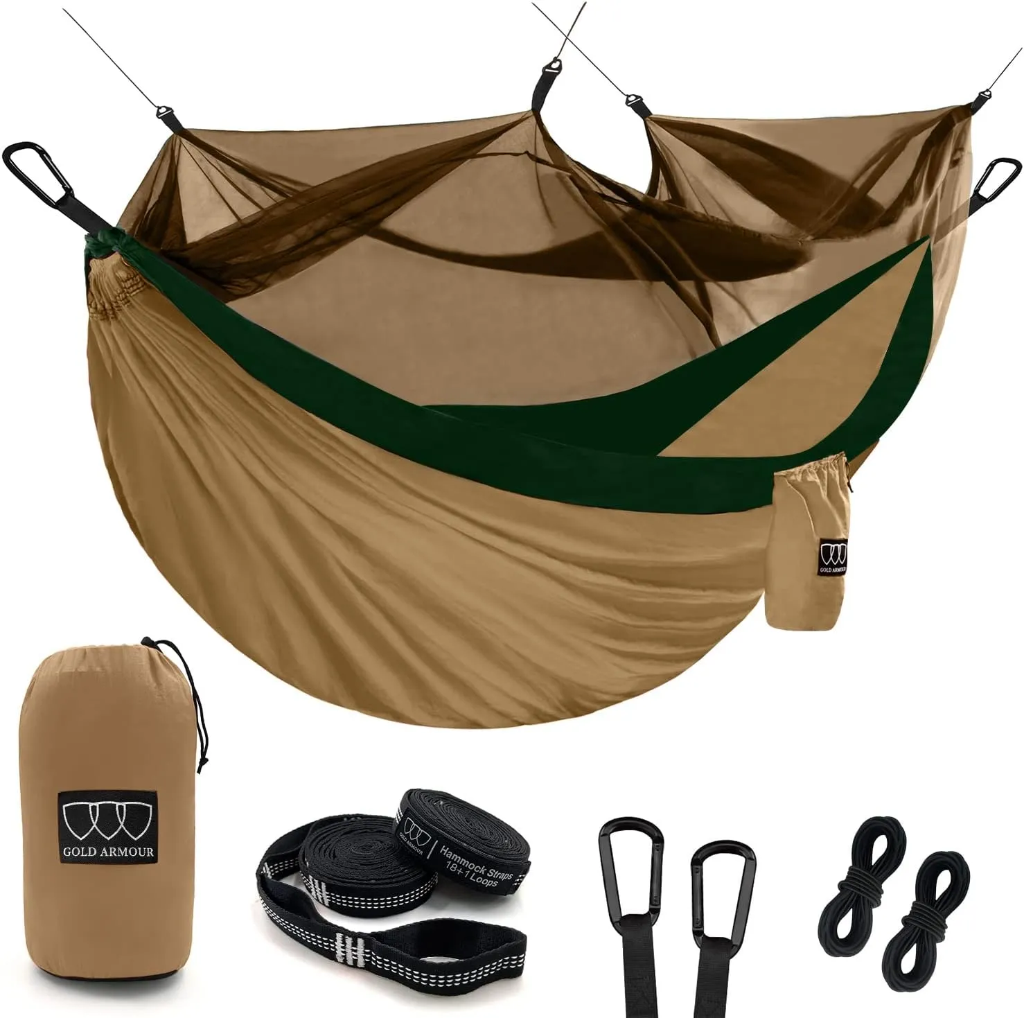 Gold Armour Camping Hammock - Camping Essentials, Double Hammock with Bug Net, Camping Gear Hammock for Outside, Hiking, and Travel (Khaki & Green)