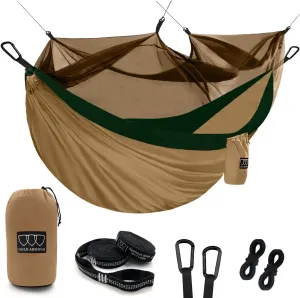 Gold Armour Camping Hammock - Camping Essentials, Double Hammock with Bug Net, Camping Gear Hammock for Outside, Hiking, and Travel (Khaki & Green)