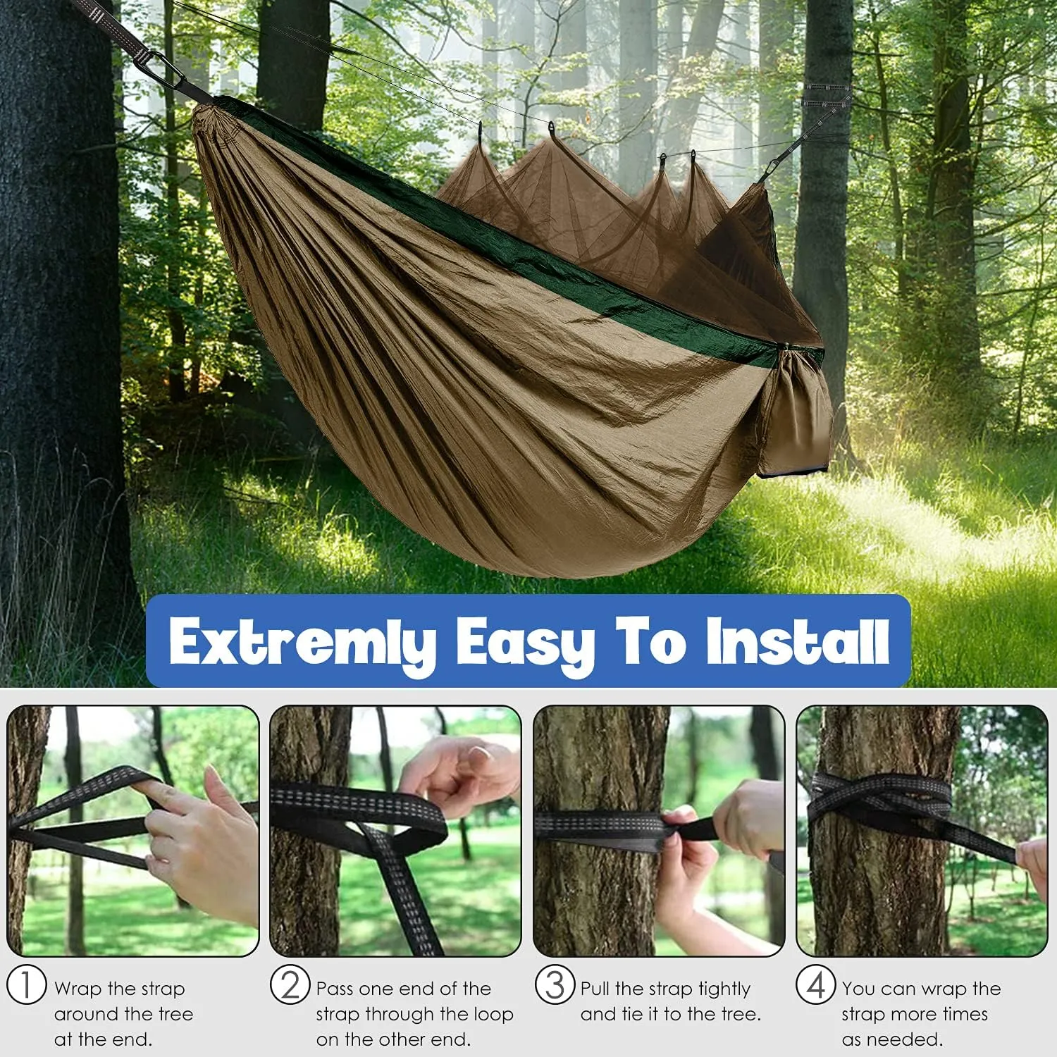 Gold Armour Camping Hammock - Camping Essentials, Double Hammock with Bug Net, Camping Gear Hammock for Outside, Hiking, and Travel (Khaki & Green)