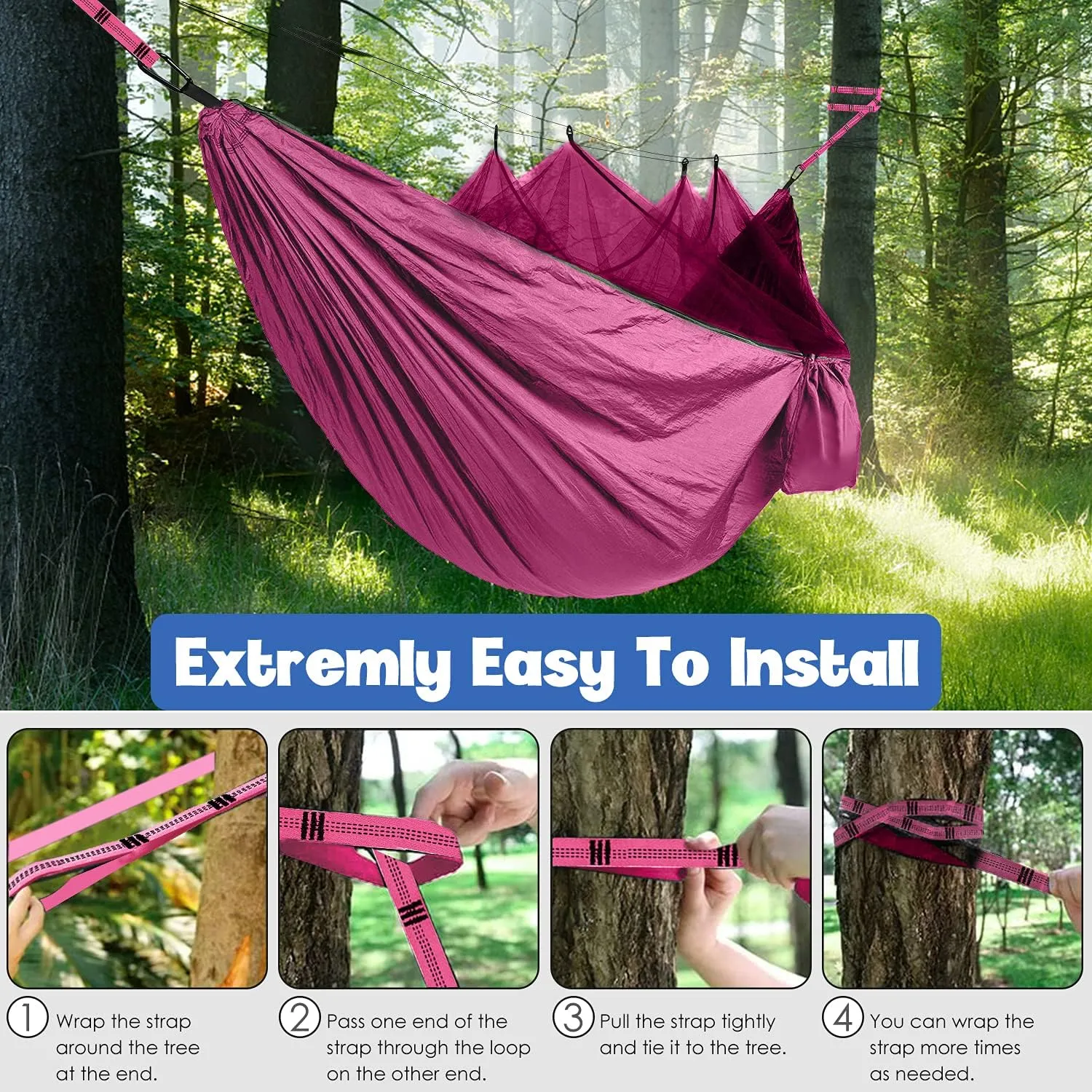 Gold Armour Camping Hammock - Camping Essentials, Double Hammock with Bug Net, Camping Gear Hammock for Outside, Hiking, and Travel (Pink)