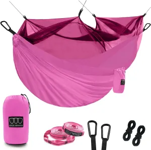 Gold Armour Camping Hammock - Camping Essentials, Double Hammock with Bug Net, Camping Gear Hammock for Outside, Hiking, and Travel (Pink)
