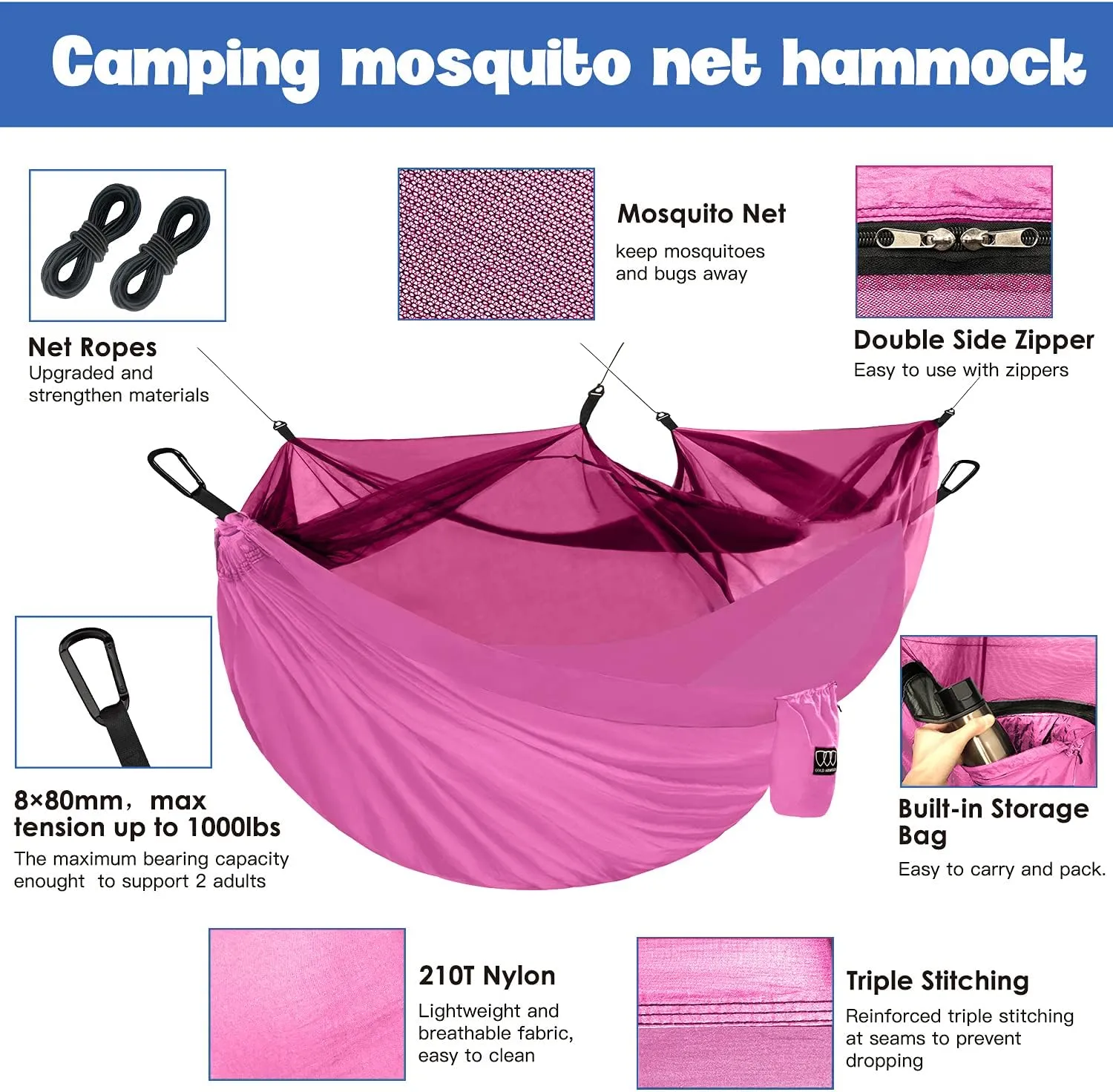 Gold Armour Camping Hammock - Camping Essentials, Double Hammock with Bug Net, Camping Gear Hammock for Outside, Hiking, and Travel (Pink)