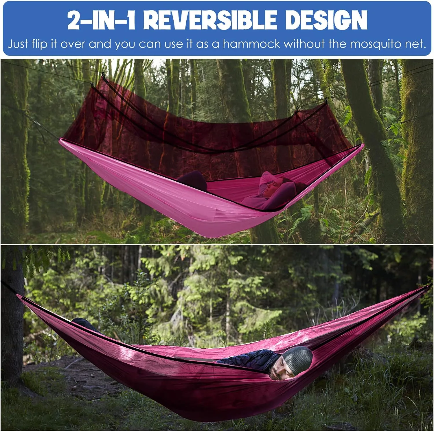 Gold Armour Camping Hammock - Camping Essentials, Double Hammock with Bug Net, Camping Gear Hammock for Outside, Hiking, and Travel (Pink)