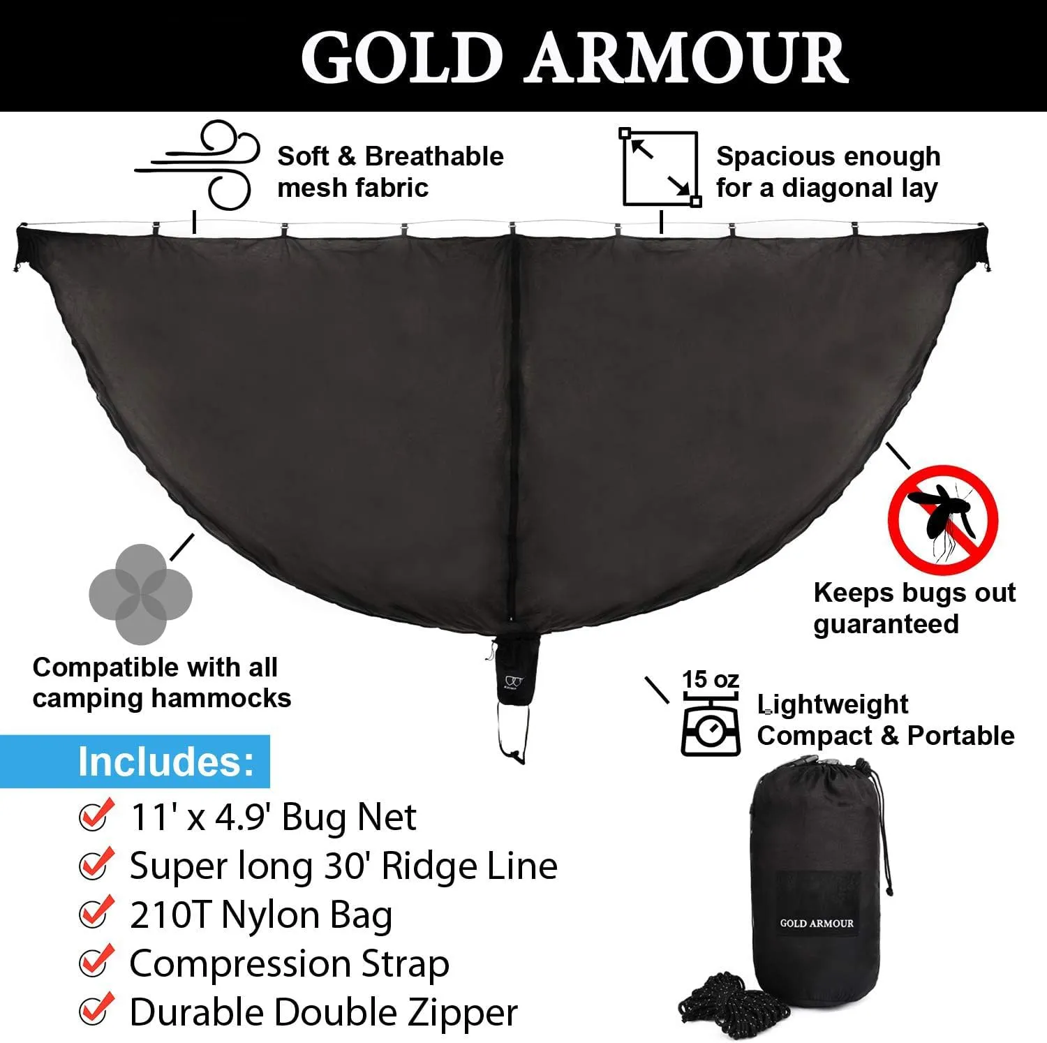 Gold Armour Hammock Bug Net, Mosquito Net Bugs - Premium Mesh Netting, Guardian of No See Um and Insects - Perfect Equipment Gear Accessories for Your Double Hammocks and Single Hammock (Black)
