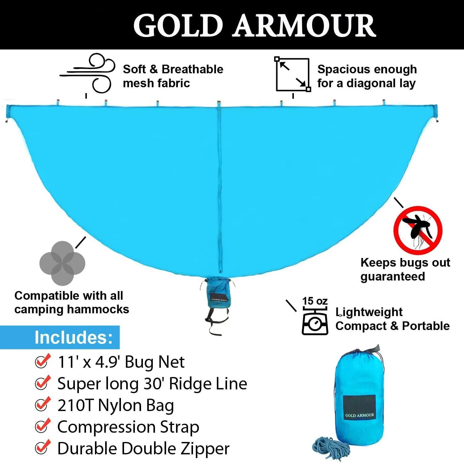 Gold Armour Hammock Bug Net, Mosquito Net Bugs - Premium Mesh Netting, Guardian of No See Um and Insects - Perfect Equipment Gear Accessories for Your Double Hammocks and Single Hammock (Sky Blue)