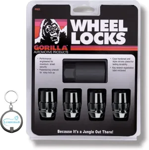 Gorilla Automotive Wheel Lock 71621NBC, 12mm x 1.25 Wheel Locks for Cars with Wheel Lock Key, Set of 4 Locking Lug Nuts, Black Chrome with a Lumintrail Keychain Light