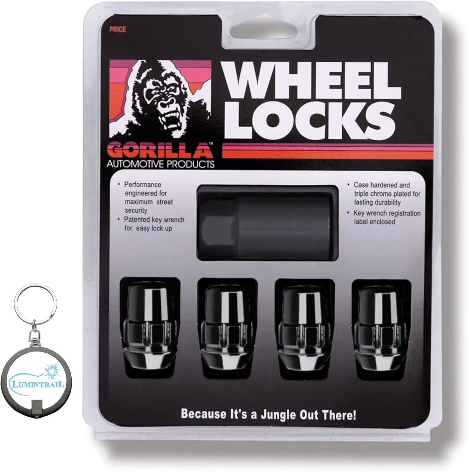 Gorilla Automotive Wheel Lock 71621NBC, 12mm x 1.25 Wheel Locks for Cars with Wheel Lock Key, Set of 4 Locking Lug Nuts, Black Chrome with a Lumintrail Keychain Light