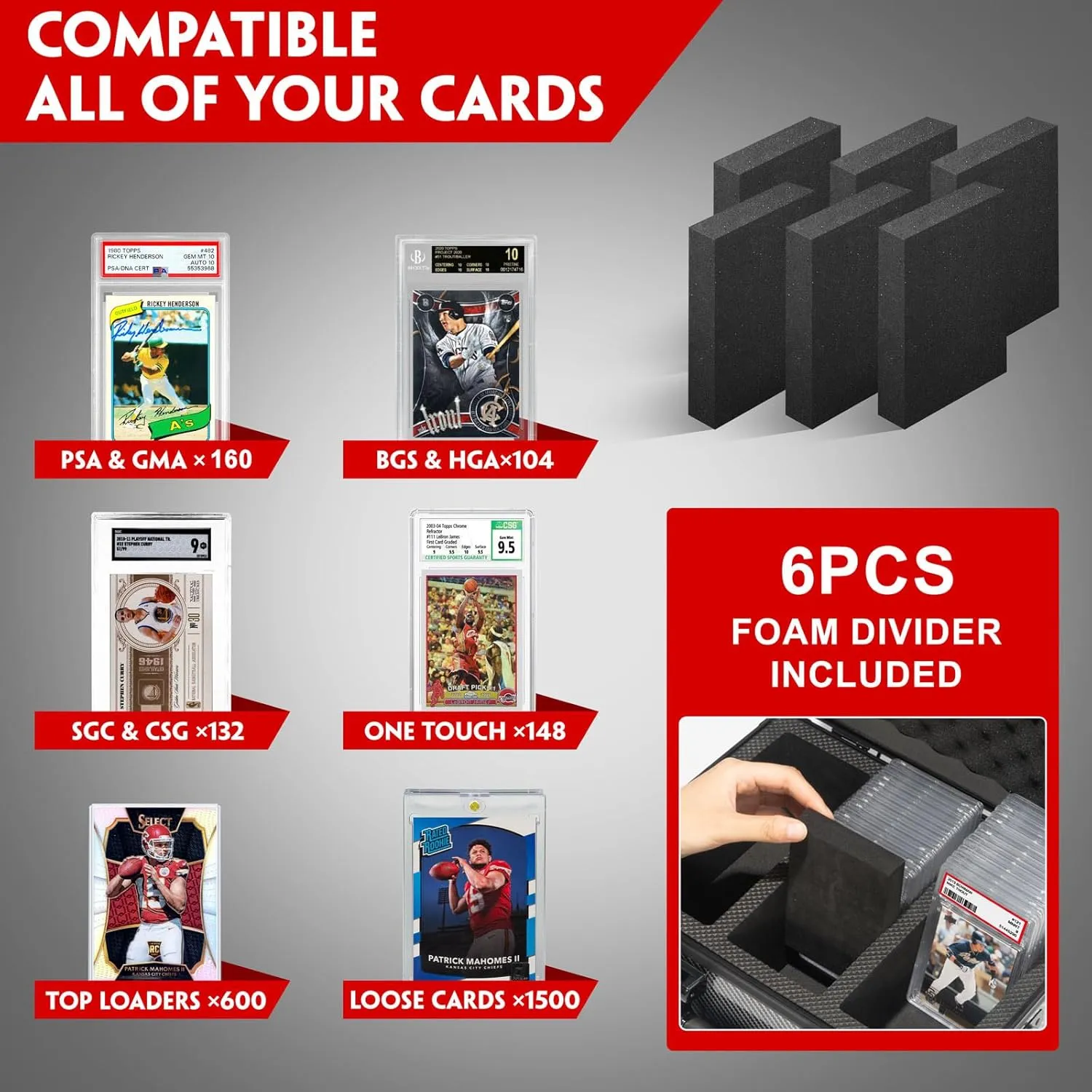 Graded Card Storage Box, Trading Cards Slab Carrying Case, 4 Row Carbon Fiber Hard Sports Cards Holder Boxes with 6 Dividers Fits for PSA BGS SGC Top Loaders Collection
