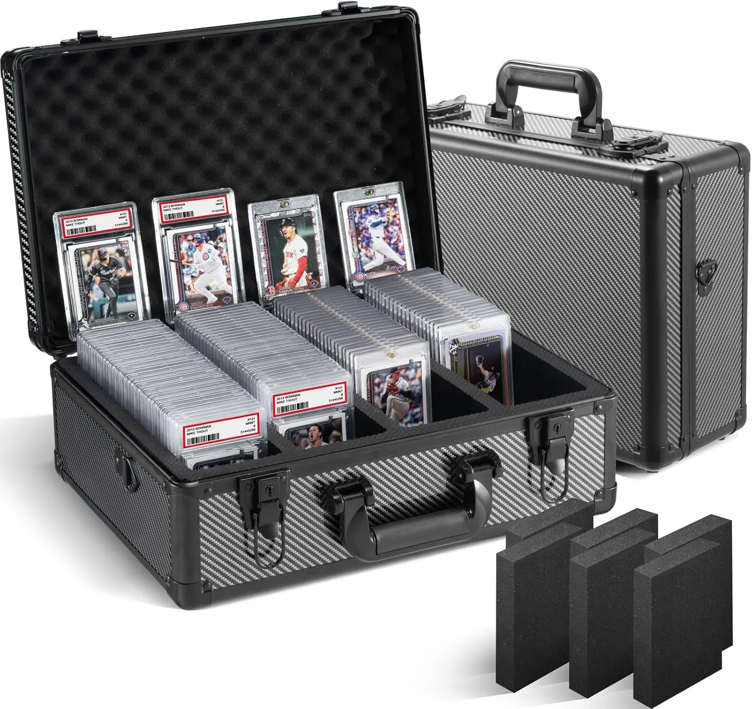 Graded Card Storage Box, Trading Cards Slab Carrying Case, 4 Row Carbon Fiber Hard Sports Cards Holder Boxes with 6 Dividers Fits for PSA BGS SGC Top Loaders Collection