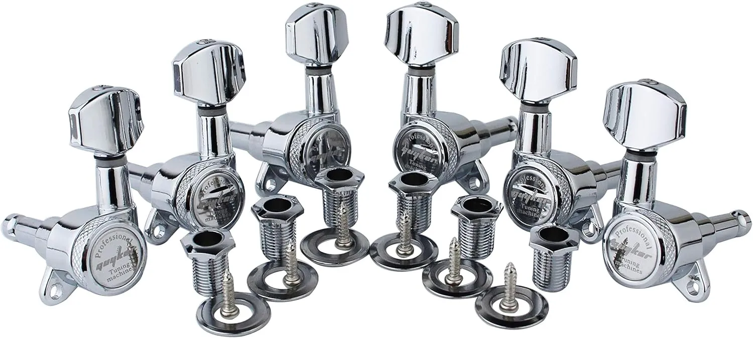 Guyker Guitar Locking Tuners (3L   3R Handed) - 1:18 Lock String Tuning Key Pegs Machine Head with Hexagonal Handle Replacement for ST TL SG LP Style Electric, Folk or Acoustic Guitars - Chrome