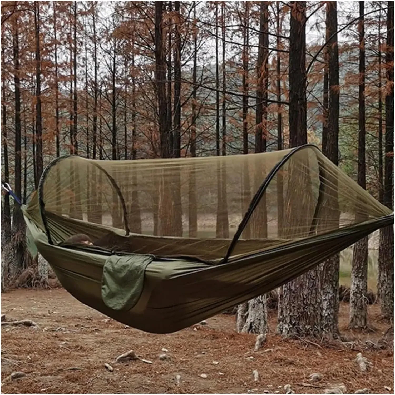 Hammock Automatic Quick Opening Mosquito net Hammock 250 * 120CM Camping Essentials(Army Green)