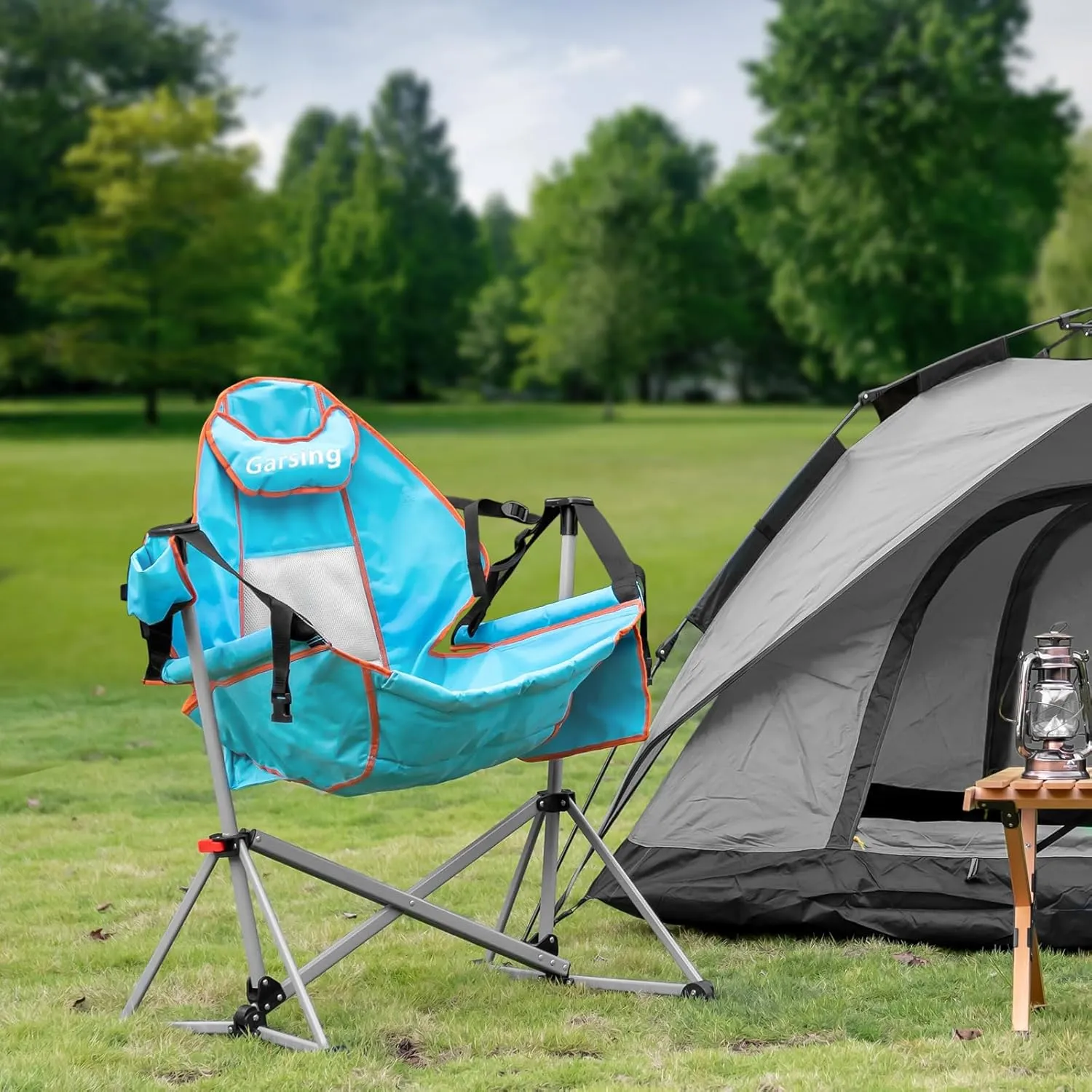 Hammock Camping Chair, Folding Portable Rocking Chair, Aluminum Alloy Adjustable Back Swinging Chair with Pillow Cup Holder, Recliner with Carry Bag for Outdoor Travel Lawn Backyard, Black, Light Blue